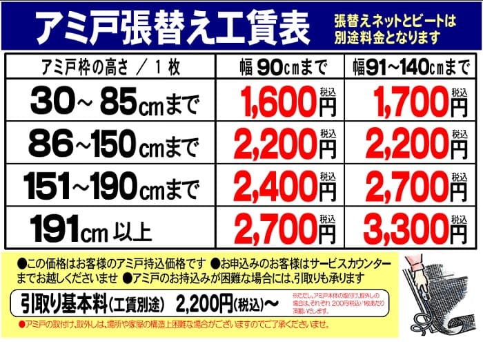 ダイシンの網戸張り替え料金